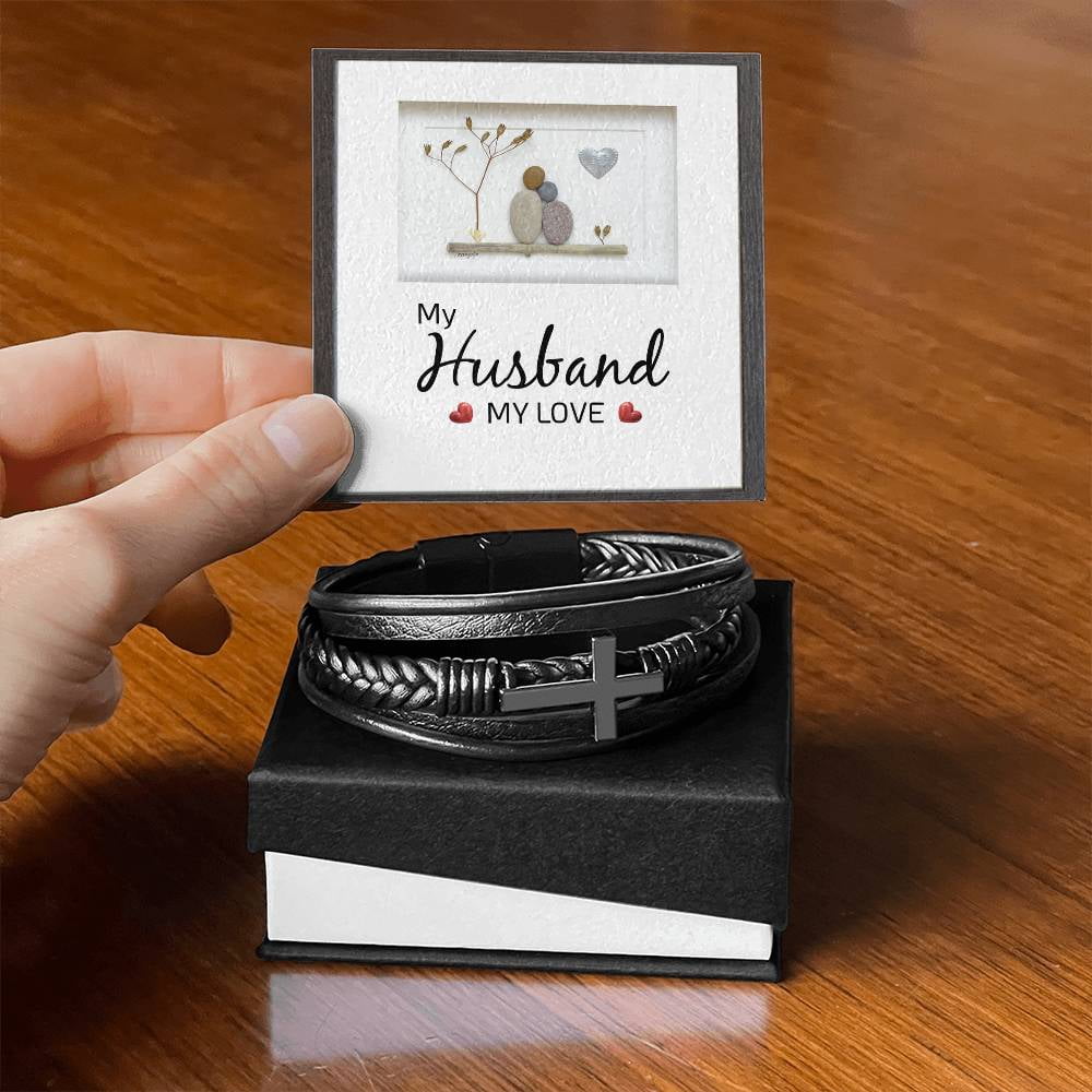 My Husband My Love Men's Cross Bracelet - Vegan Leather with Stainless Steel