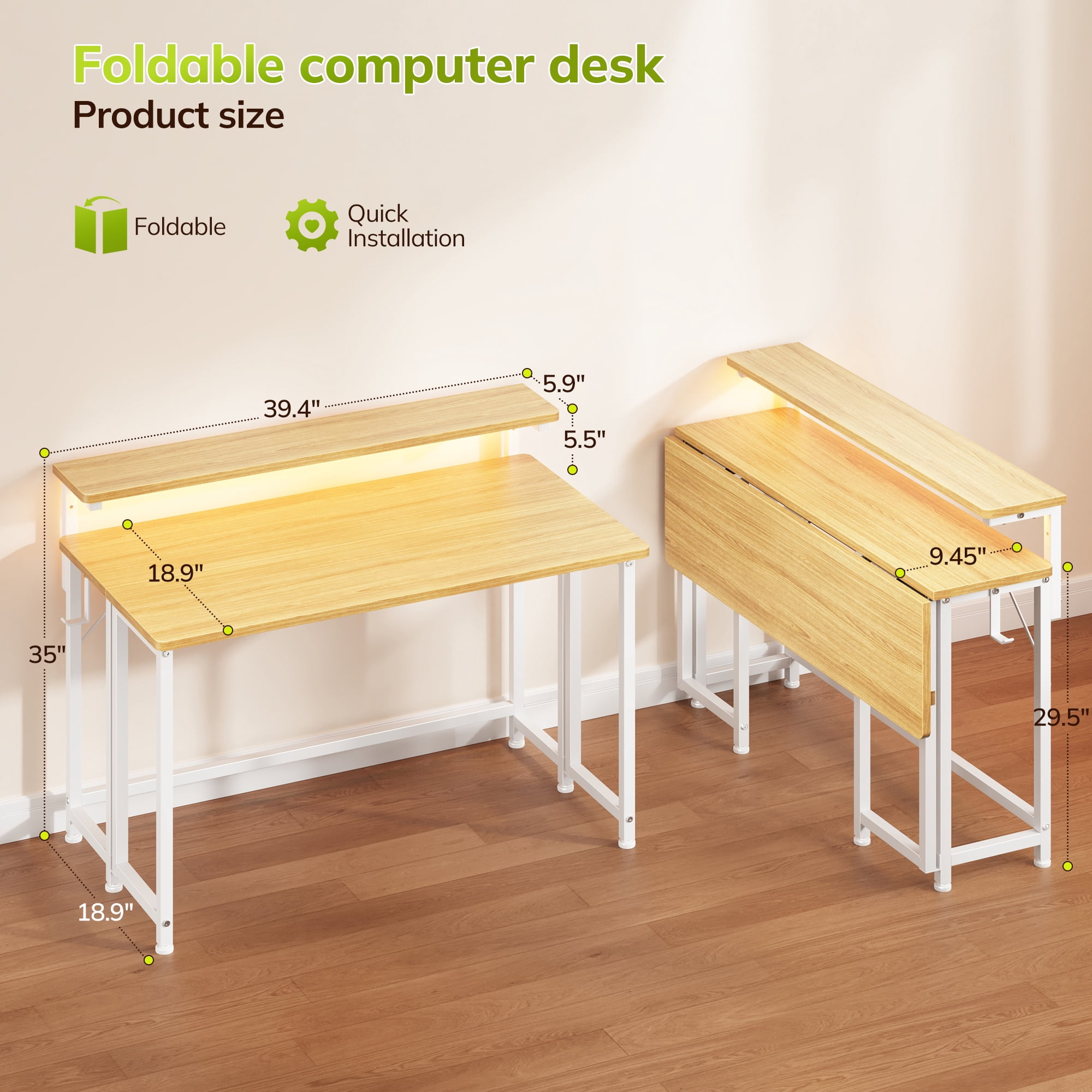 Romorgniz 39.4"D Office Desk with LED Lights & Hooks, Folding Desk for Small Spaces, Space Saving Sofa Table for Couch, Reading Table for Living Room, Oak