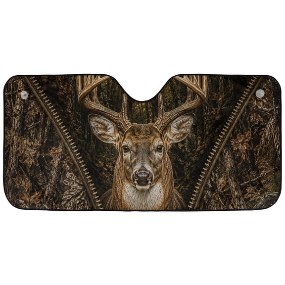 Emacom Ltd_Whitetail Deer Windshield Sun Shade, Hunting Forest Zipper Car Sun Visor, Woodland Front Window Sunshade Cover
