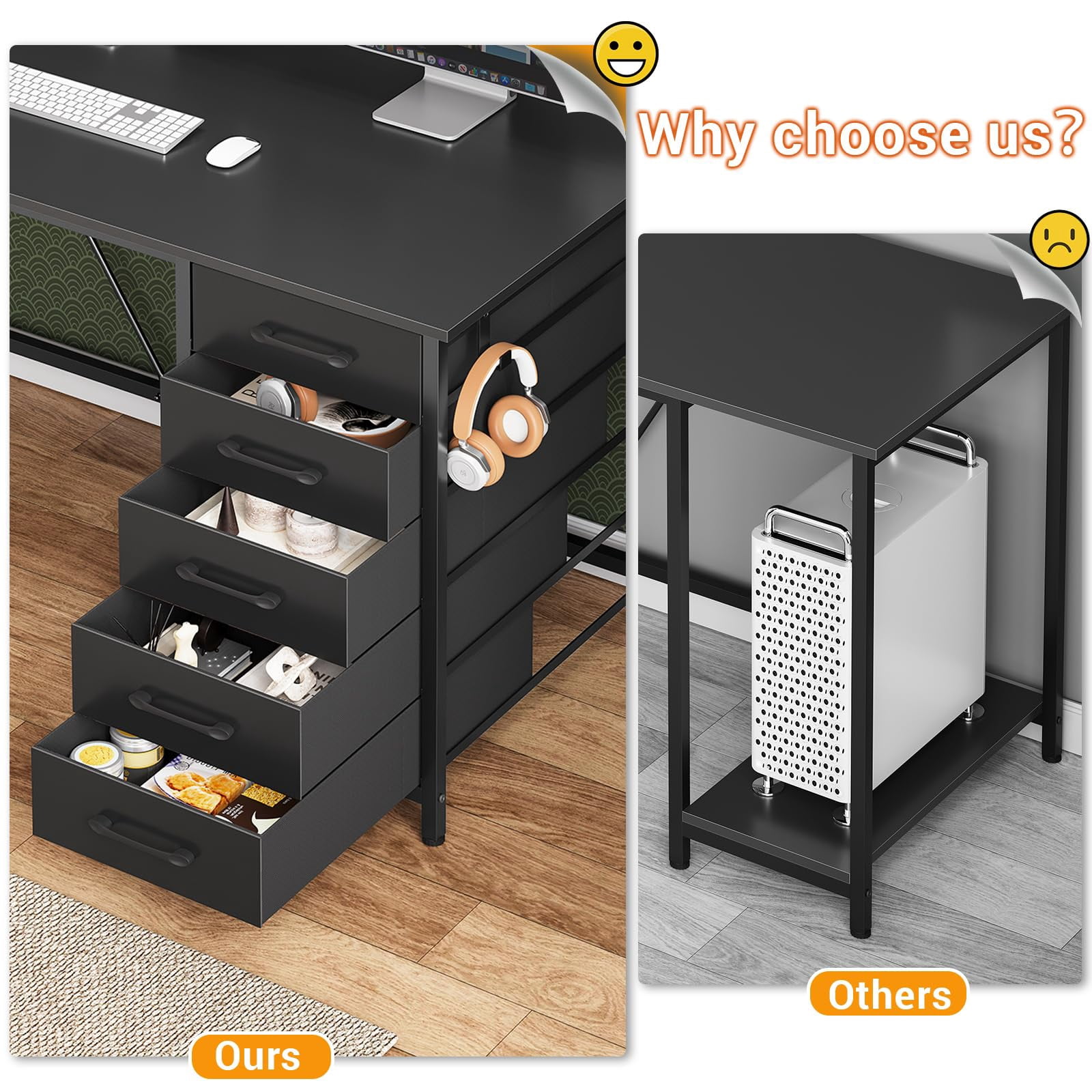 L Shaped Gaming Desk, Reversible L Shaped Desk with Hutch, Drawers and Power Outlet, Gaming Desk with Led Lights, Pegboard and Storage Shelf, Black