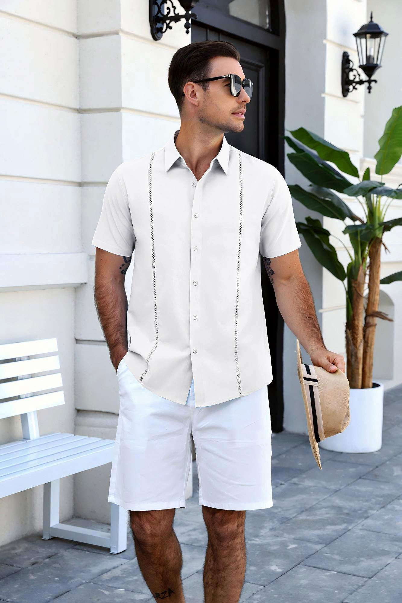 COOFANDY Men's Relaxed Fit Button-Up short Shirt with Decorative Stripes - Casual and Office Wear