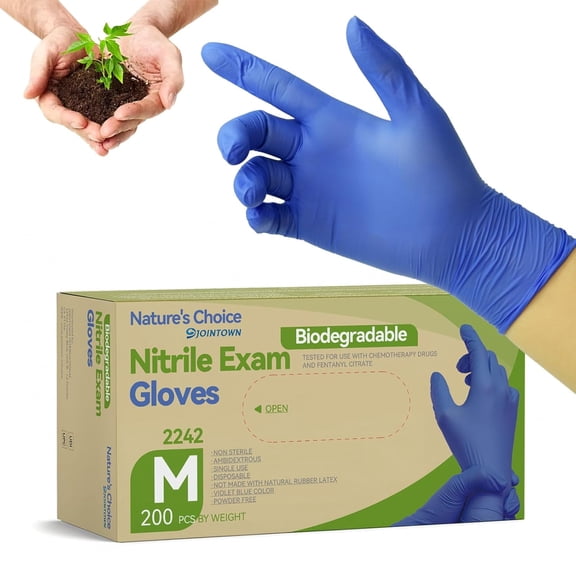 Jointown Biodegradable Nitrile Exam Gloves Eco Upgrade, 3.5 Mil, Powder-Free & Latex-Free, Textured Grip, Food Safe Disposable Gloves for High-Use Workplaces, 200 Count, Medium