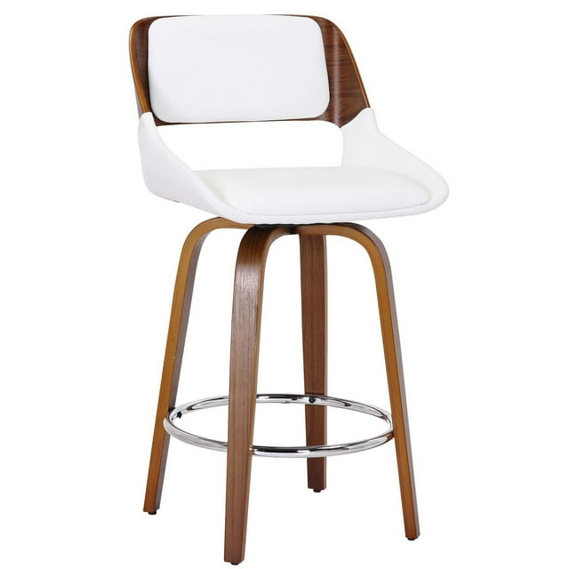 Mid-Century Faux Leather and Wood 26" Counter Stool with Swivel - White and Walnut