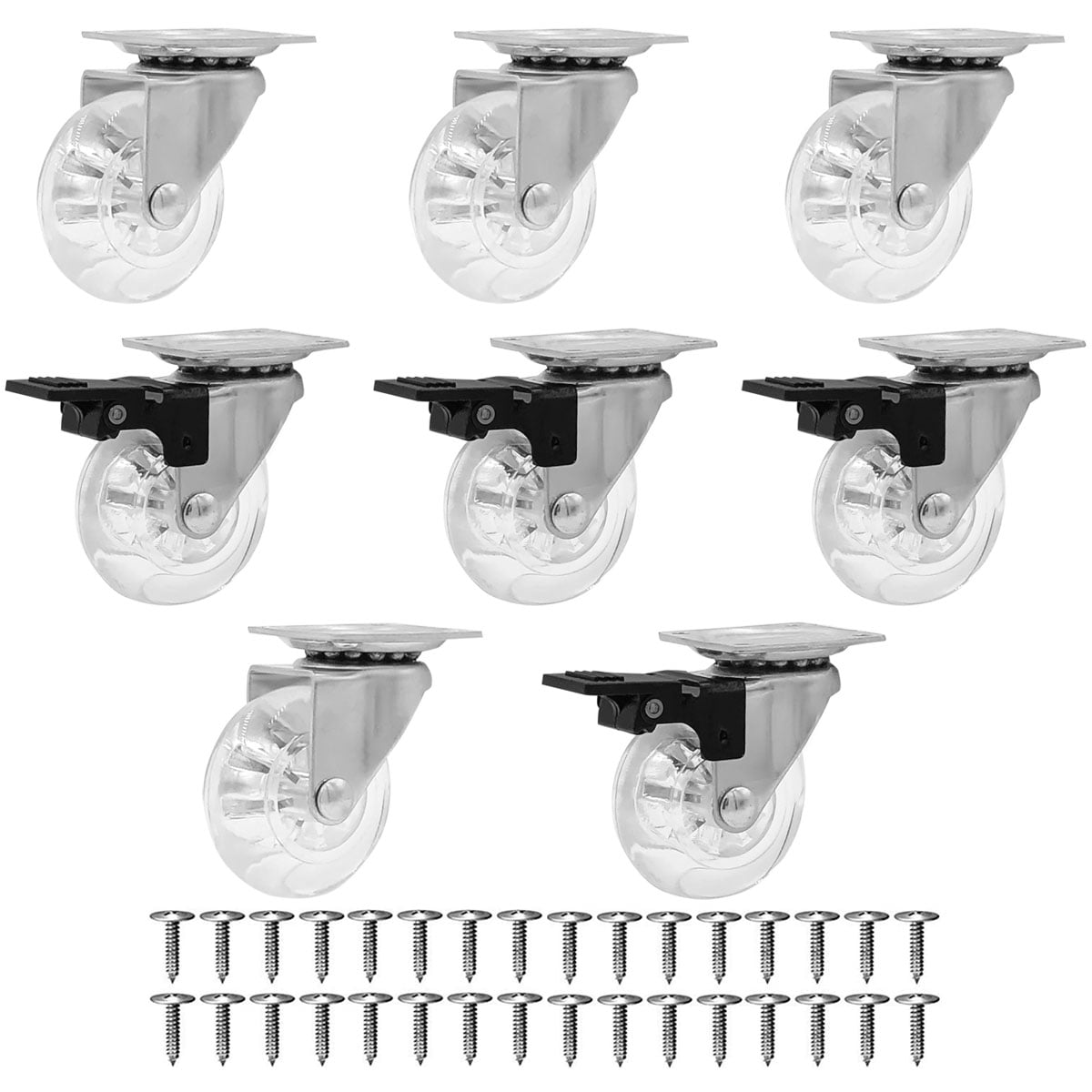 4 Pack Clear Swivel Caster No Brake 2" Transparent Wheels with Screws 
