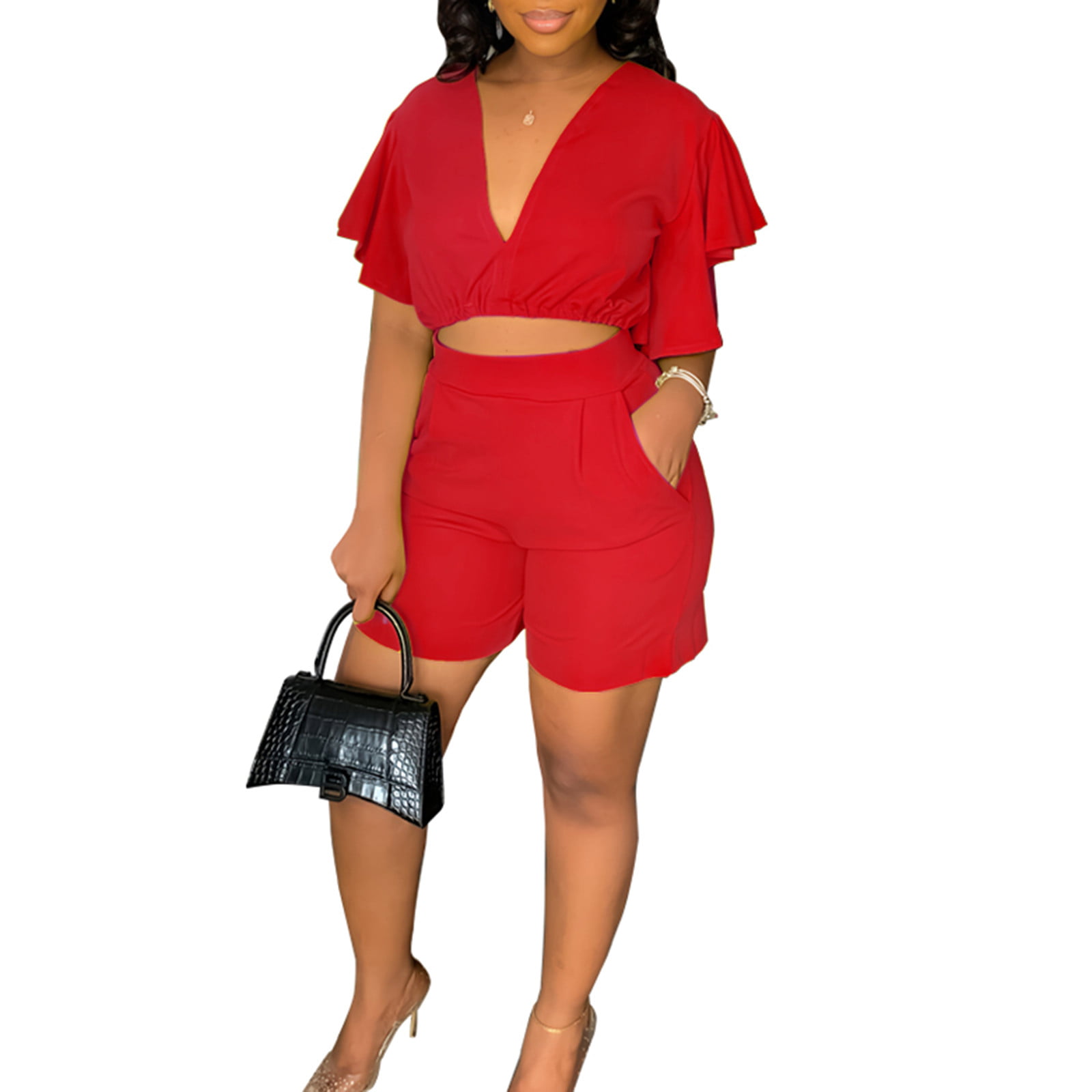 REORIAFEE Outfits for Women Plus Size Summer Set Women Casual Summer Round  Neck Short Sleeve Tops Shorts Two Pieces Set Suit Red XL