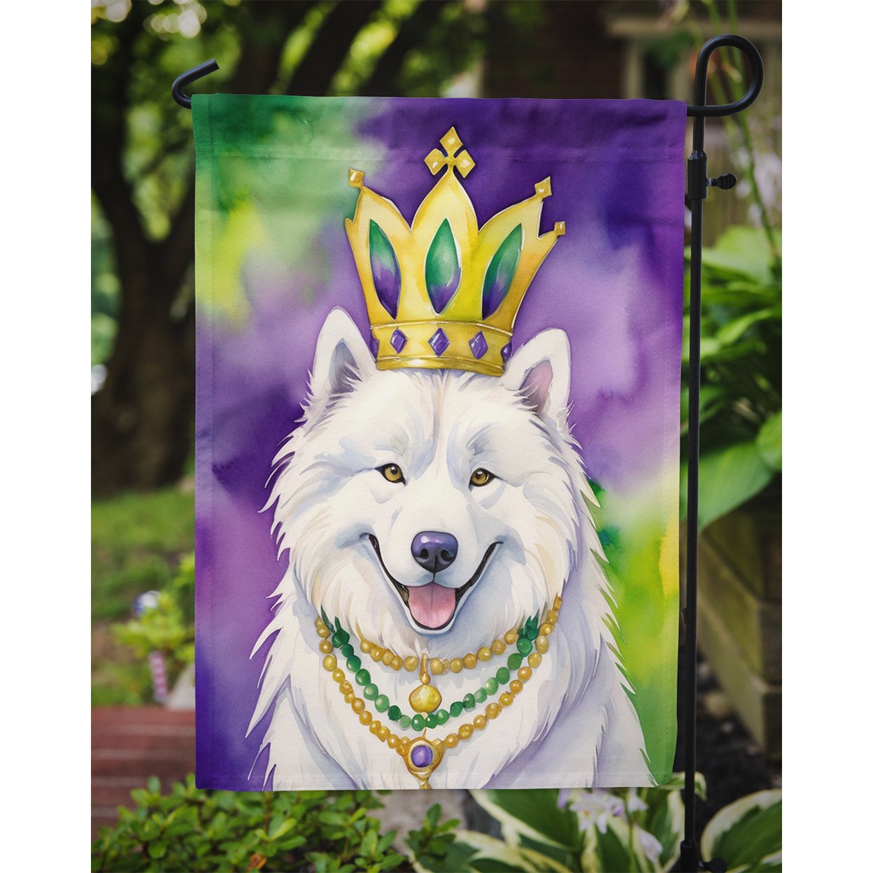 Samoyed King of Mardi Gras Garden Flag 11.25 in x 15.5 in