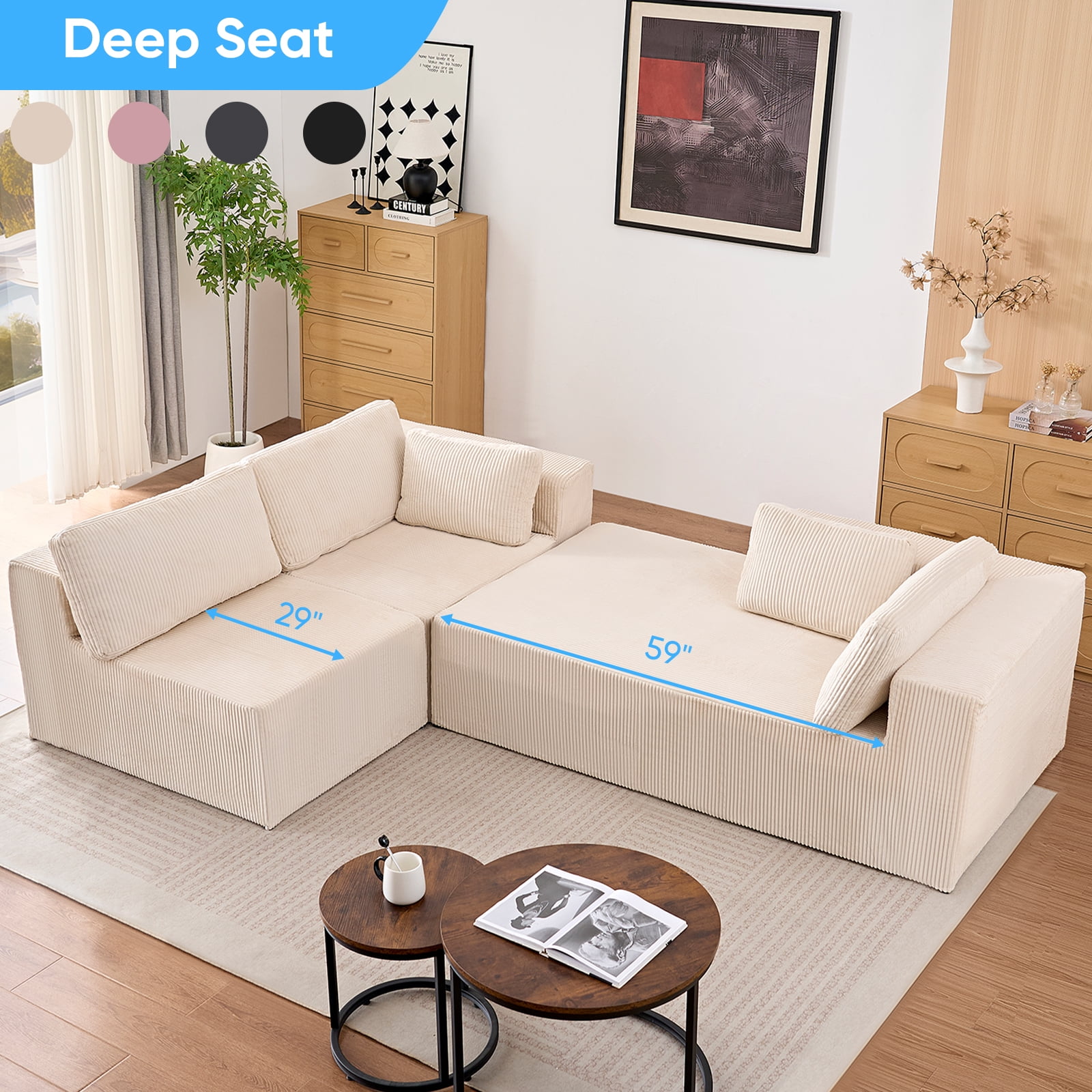 ZAFLY 106" Cloud Sectional Couch with Chaise, L Shaped Sleeper Sofa with Deep Seat, Oversized Modular Couches and Sofas for Living Room -  Beige