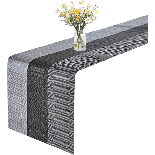 shiyou-Table Runner, 12x72in Heat-Resistant Woven Vinyl Long Tabletop, Non-Slip Washable PVC Table Runners, Easy to Clean Premium Plastic Dresser Cover for Wedding, Decor, Home (Black+Silver)