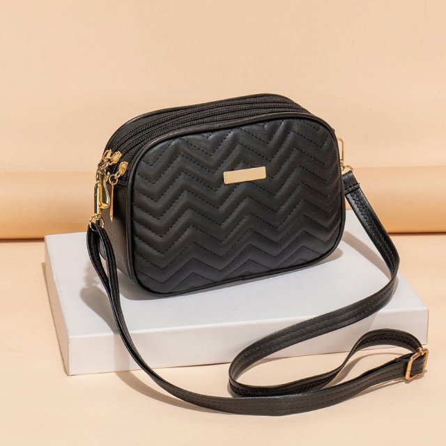 Bolso bandolera con tres cremalleras, moderno y sencillo bolso para cámara monocromático con bordado de ondas en forma de corazón y diamantes