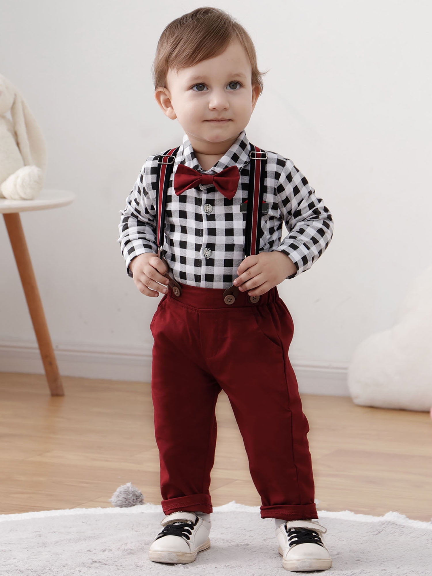Toddler Baby Boy Clothes Suit 0-18 Months 4pcs Suspender Pants Plaid Shirt Dress Clothes Infant Set