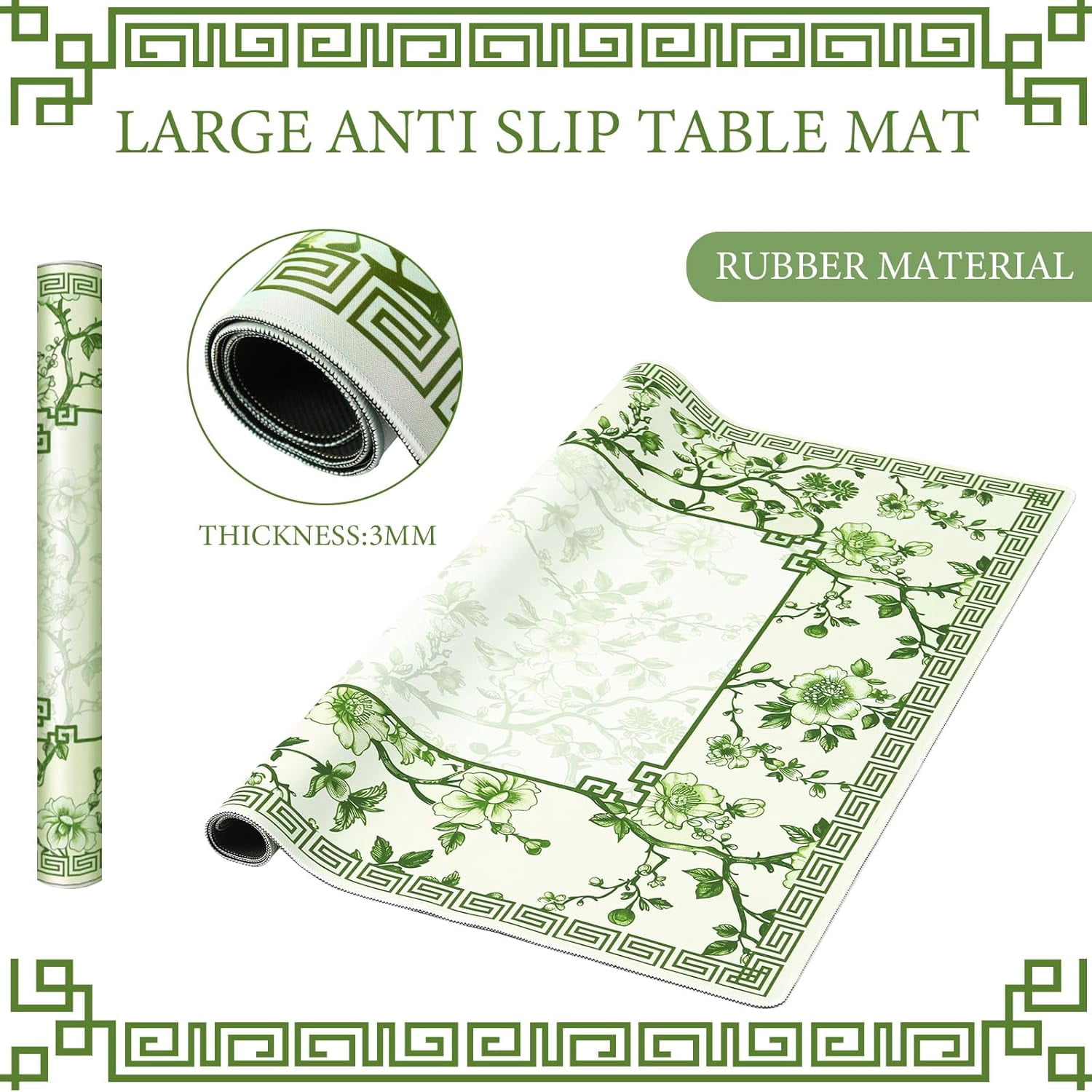 Chinoiserie Mahjong Mat with 1 Carrying Bag 31.5" x 31.5" Green and White Rubber Anti Slip and Noise Reduction Multi Purpose Game Table Cover for Mahjong, Card, Board Tile Games