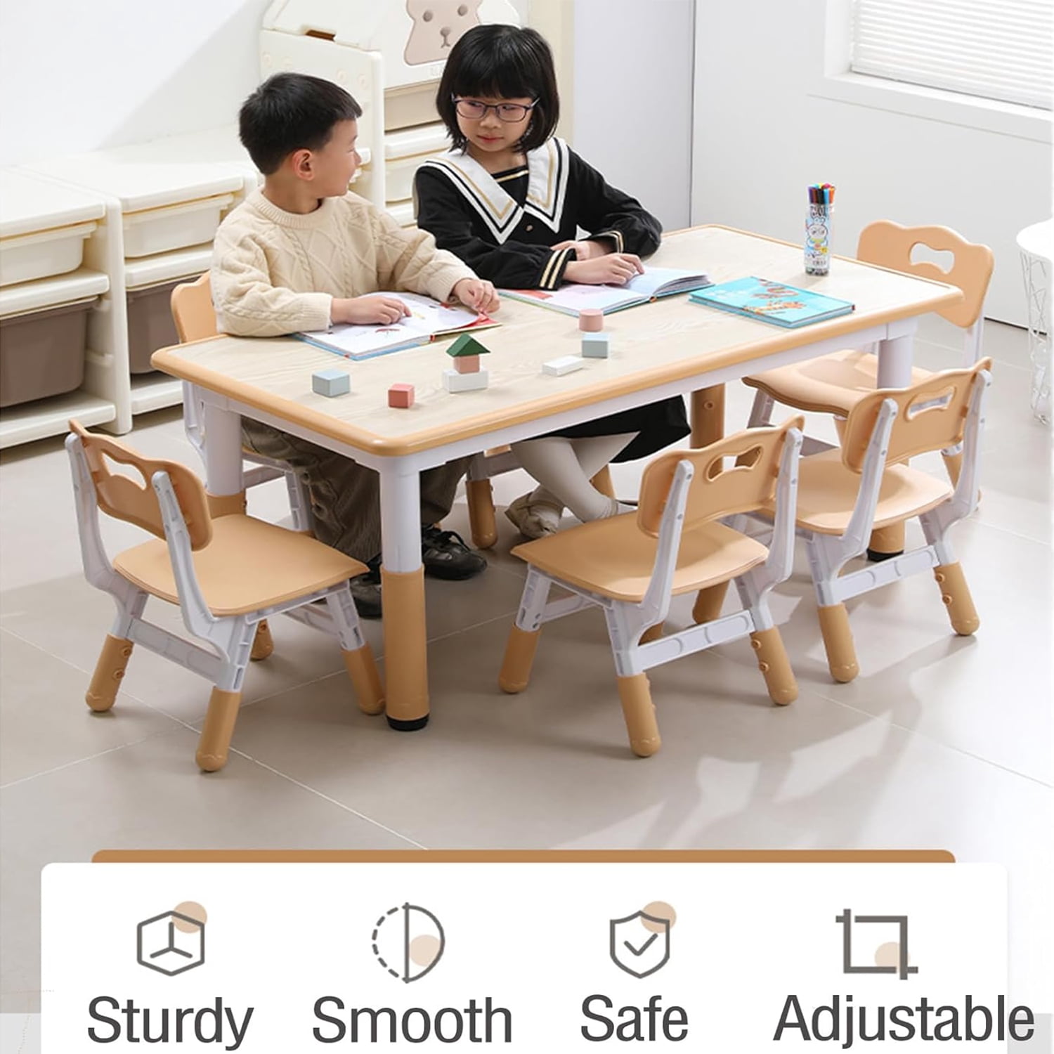 Roromall Kids Table and Chairs Set, Adjustable Desk with 6 Chairs for Ages 2-10, Arts & Crafts Table, Graffiti Desktop, Non-Slip Legs, Max 300lbs, Multi-Activity Table Set