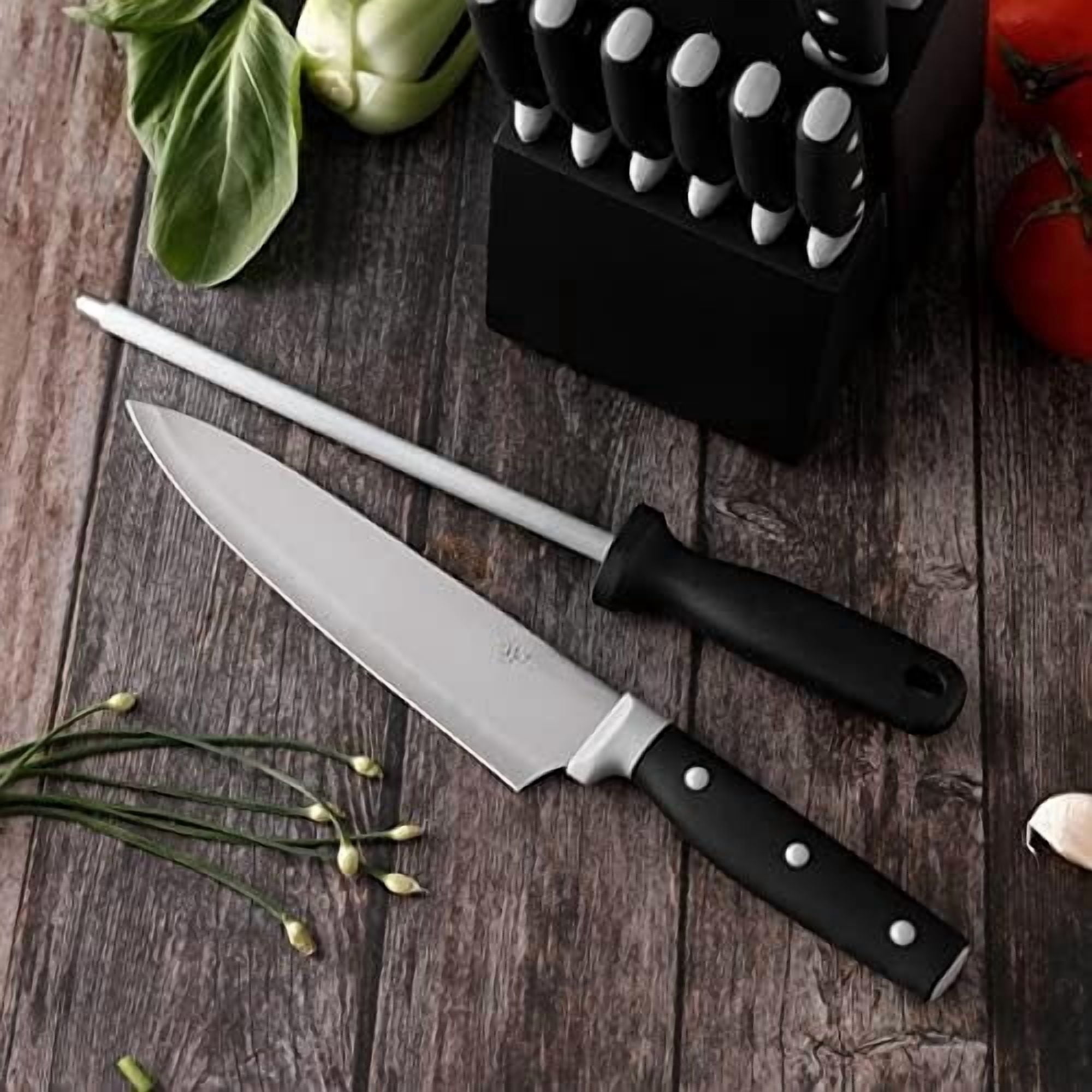 Kitchen Knife Block Set, 14 Pieces Knife Set with Wooden Block & Sharpener Steel & All-purpose Scissors, High Carbon Stainless Steel Cutlery Set (Black)