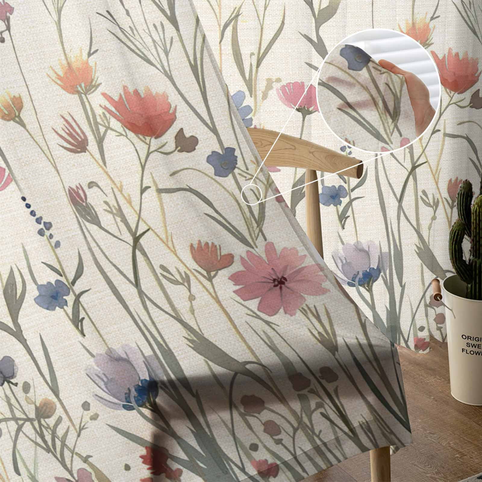 Sheer Curtains 72 inches Long, Floral Watercolor Leaves Colorful Daisy Linen Background Light Filtering Sheer Window Curtains Rod Pocket Voile Drapes for Bedroom Living Room, 52"W x 72"L 2 Panels