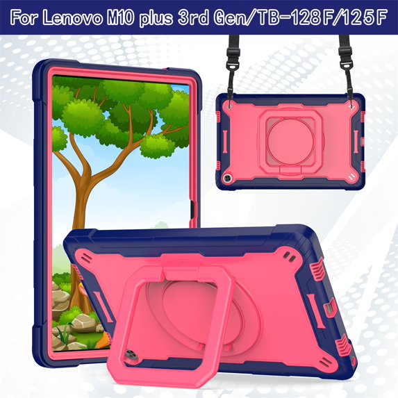 SaniMore for Lenovo Tab M10 Plus 3rd Gen 10.6" 2022 (TB-125F/TB-128F) Kids Case, Multi-Functional Cover with Handle Shoulder Strap & 360° Rotatable Kickstand Shockproof Protective Shell, Navy+Rose