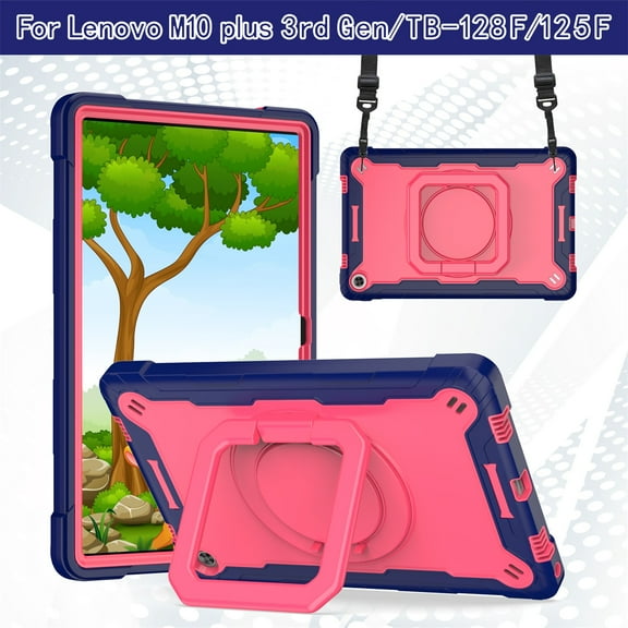 SaniMore for Lenovo Tab M10 Plus 3rd Gen 10.6" 2022 (TB-125F/TB-128F) Kids Case, Multi-Functional Cover with Handle Shoulder Strap & 360° Rotatable Kickstand Shockproof Protective Shell, Navy+Rose