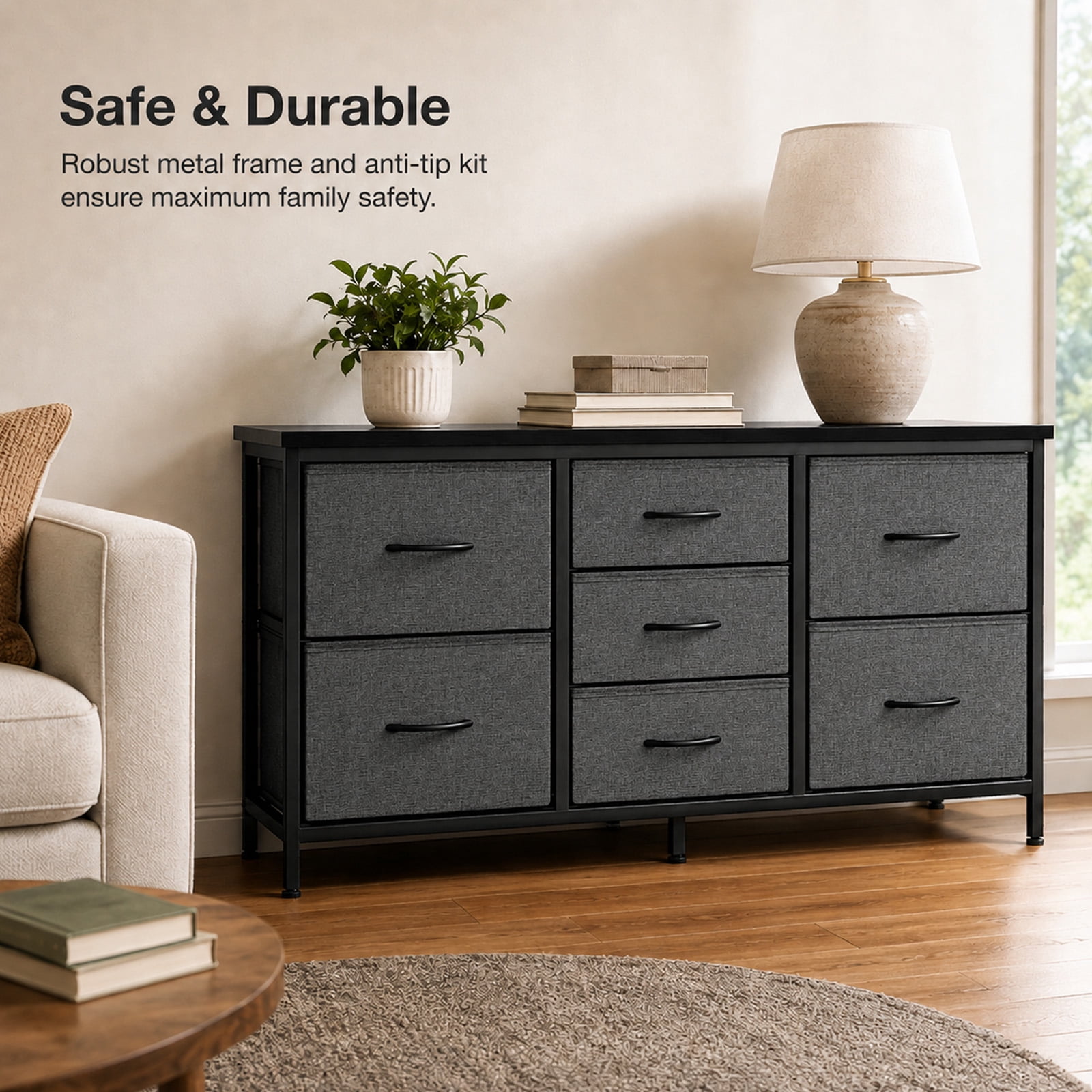 Alvantor 7 Drawer Fabric Dresser, Clothes Organizer Storage Tower for Bedroom, Chest of Drawers with Wooden Top, Metal Frame for Bedroom TV Stand