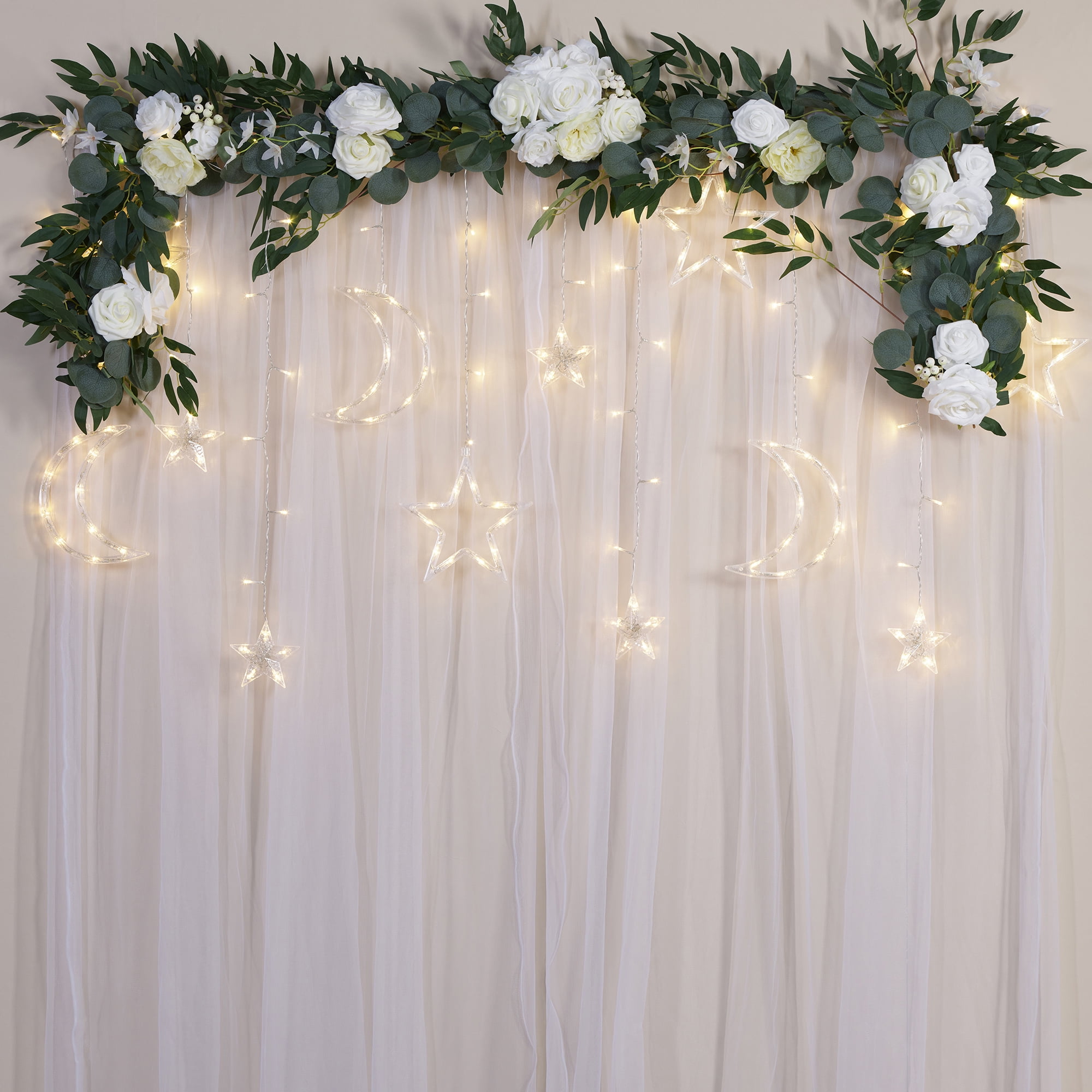 Mainstays 144-Count Indoor Battery Operated Warm White LED Curtain Lights with Stars and Moons