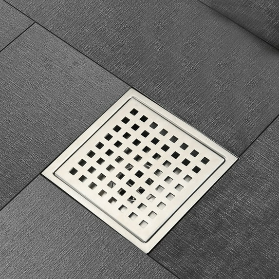 6 Inch Square Shower Floor Drain 304 Stainless Steel Grid Grate Floor Drain, Brushed Nickel
