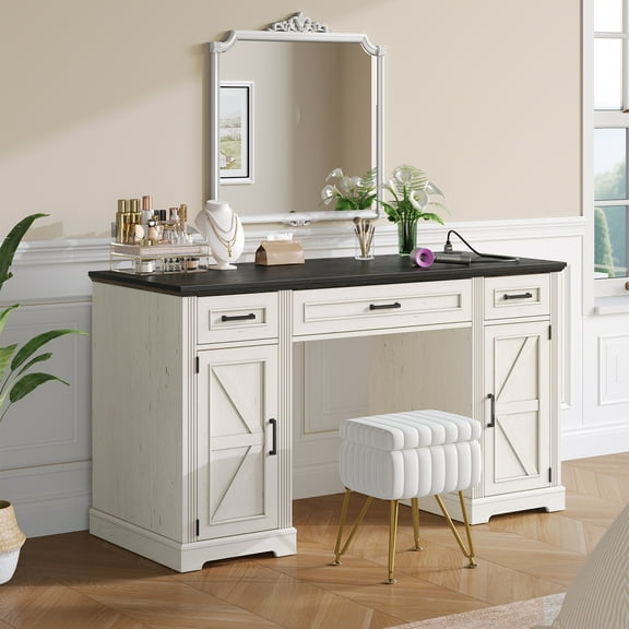 Office Desk with Outlets & Storage, Farmhouse Executive Computer Desk with Drawers & File Cabinet, Wood Home Office Desk with Keyboard Tray for Work and Study, Off White & Black