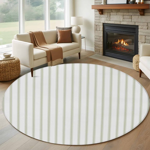 Sage Green Striped Round Area Rug 5 FT, Non Slip Bedroom Area Rug, Sage Green White Stripes Farmhouse Washable Soft Circular Carpet Non-Shedding Floor Mat for Kitchen Dining Room Foyer Balcony Dorm