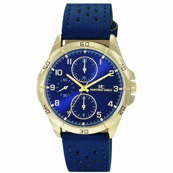 47mm Montres Carlo Men's Sports Vegan Leather Band Luxury Fashion Dress Watch (Gold/Blue)