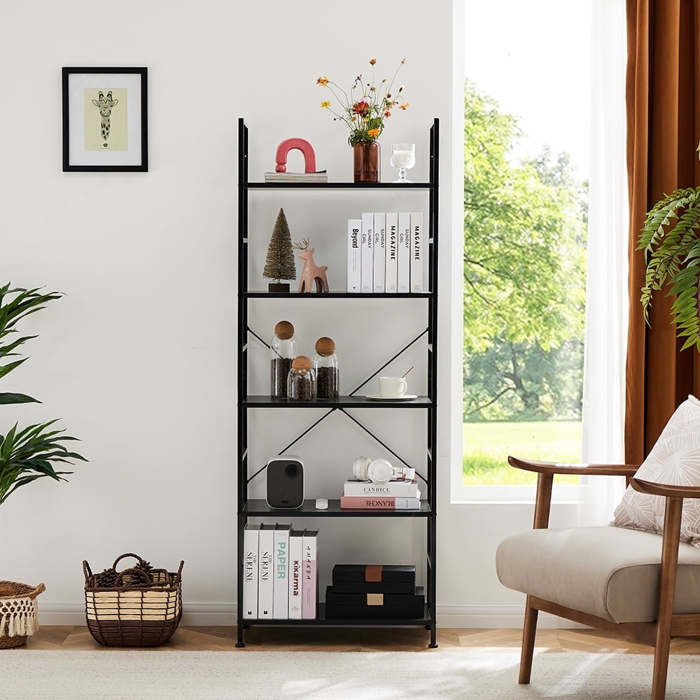 EDX Bookcase, 5 Tier Book Shelf, Storage Shelf, Classic Modern Bookcase for CDs, Movies, Books, Industrial Bookcase for Home Office, Living Room, Kitchen, Bedroom, Black