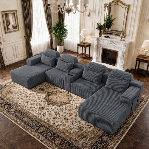 145.7 Inch Oversized U-Shaped Modular Sectional Sofa with Lounge Chaise, Cup Holders & Hidden Storage - Compression Sofa for Home Theater & Luxury Living Room, Dark Gray