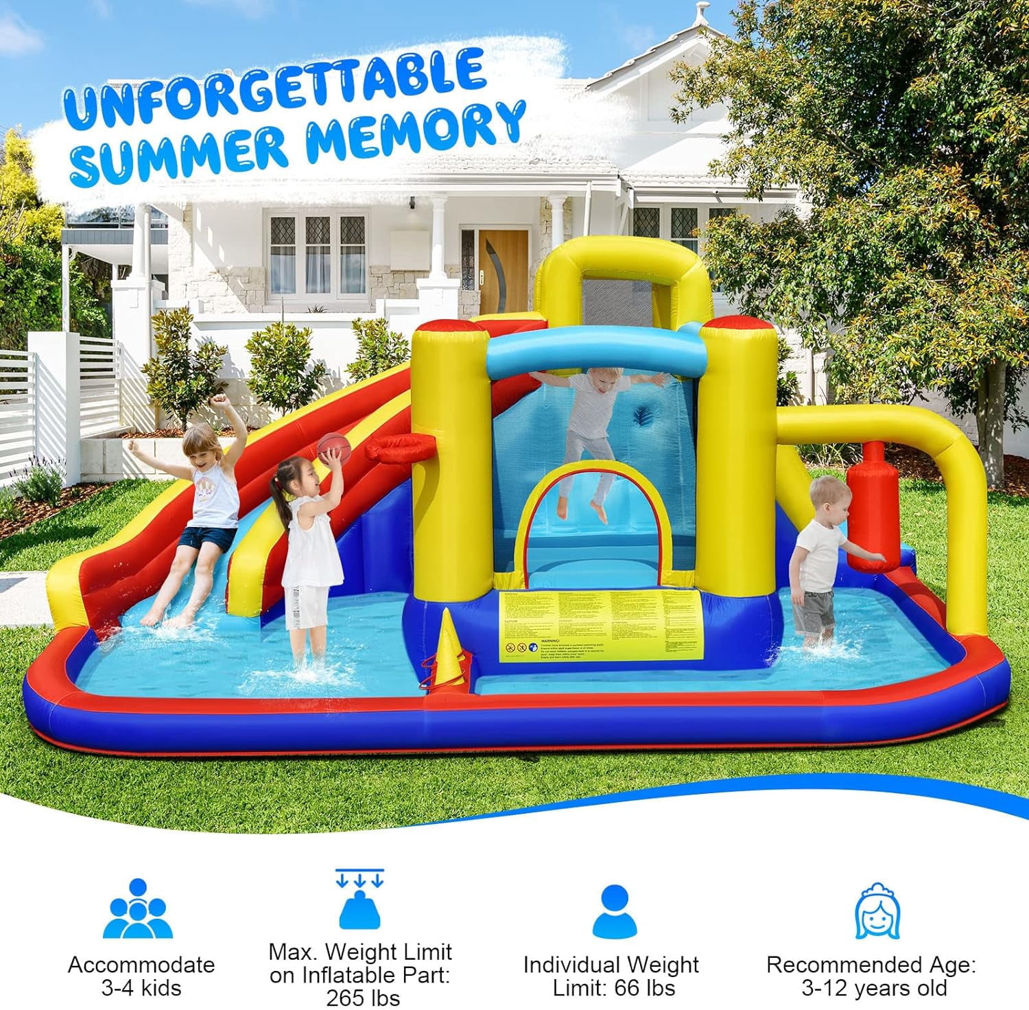 OLAKIDS Inflatable Water Slide, 8 in 1 Bounce House Water Park with Slide Splash Pool Climbing Wall Basketball Hoop Ring Toss, Outdoor Inflatable Obstacle Course for Kids Backyard (With 735W Blower)
