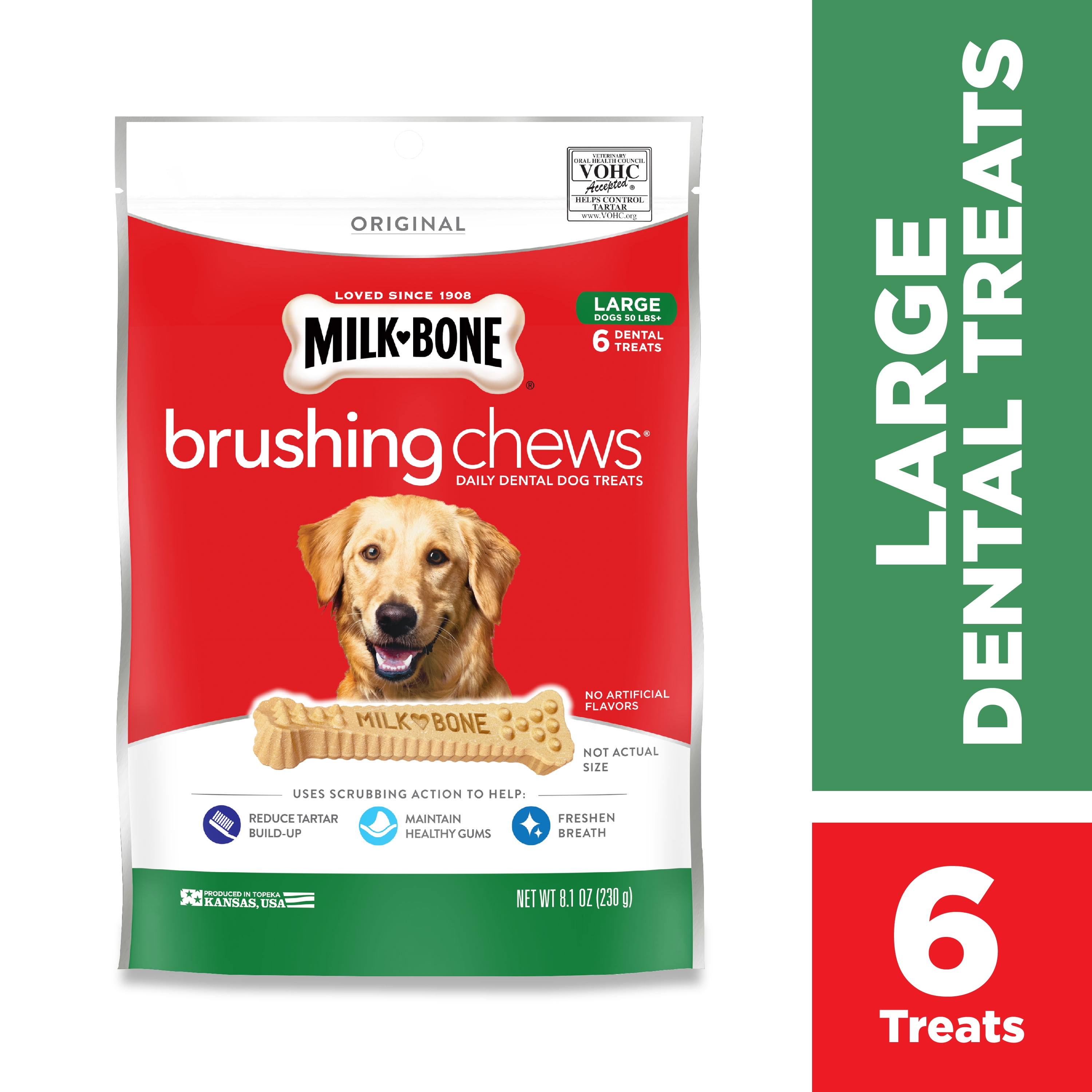 MilkBone Brushing Chews Daily Dental Dog Treats, Large, 8.1 Ounces, 6