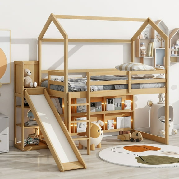 Bastch Twin Size Wood House Loft bed with Slide, Multiple-Function Low Loft Bed with Storage shelves and Light, Built-in Ladder and Staircase, Climbing Ramp, Perfect for Teens, Boys, and Girls