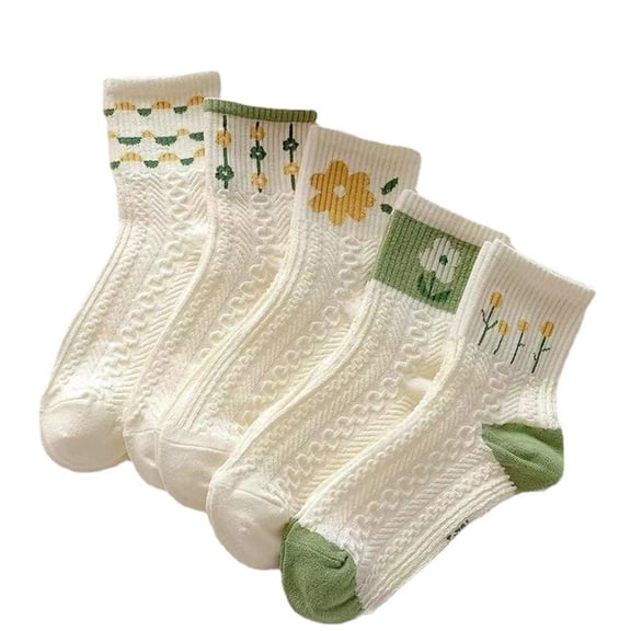 Women's Flower Cotton Socks, 5 Pairs, Soft, Casual, All Season, US 6-10