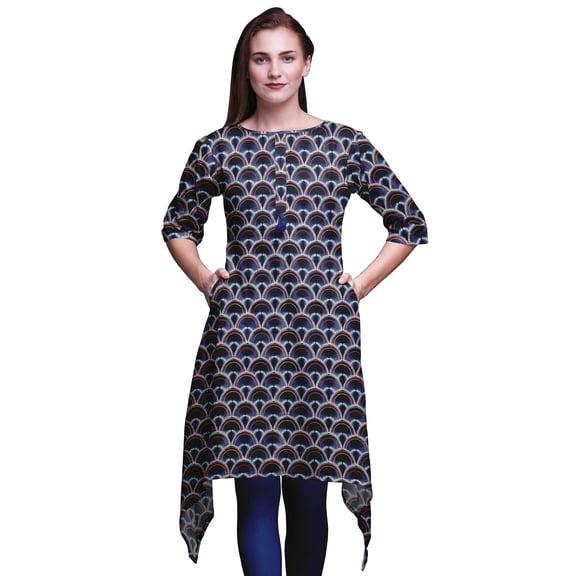 Bimba Blue Damask Shibori Printed Tops For Women Asymmetric Kurti Summer Dress For Girls Large