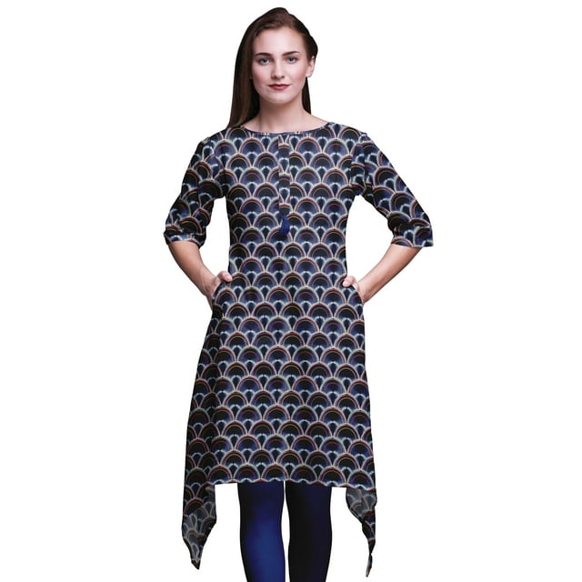 Bimba Hauts Imprimés Shibori Damassé Bleus pour Femmes Kurti Asymétrique Robe d'Été pour Filles Grand