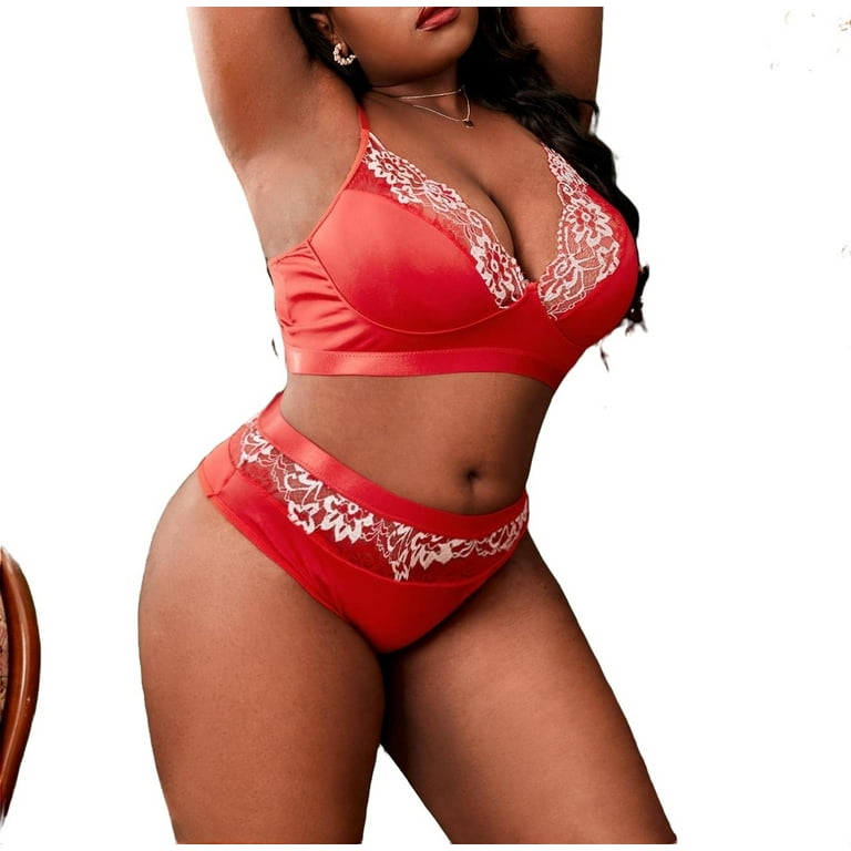 Sexy Print Red Plus Size Bra & Panty Sets (Women's) 