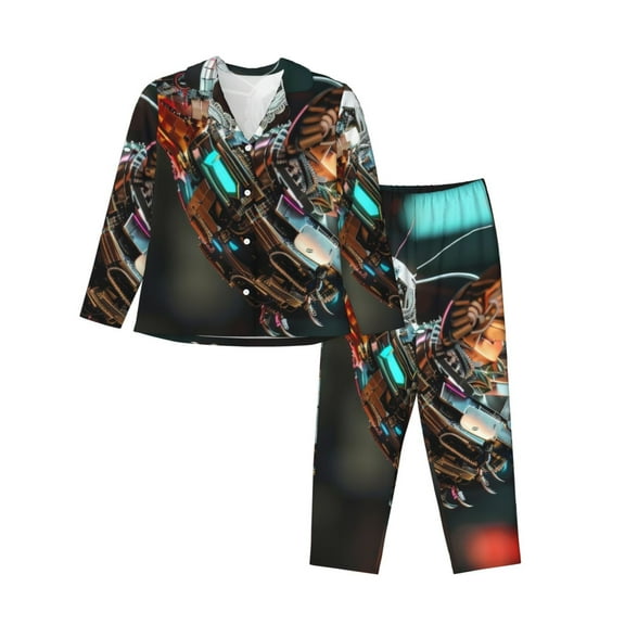 Saiise Futuristic Robot Hummingbird Print Women Soft Pajama Sets,Long Sleeve Sleepwear Button Up 2-Piece Pjs Lounge Sets-Small