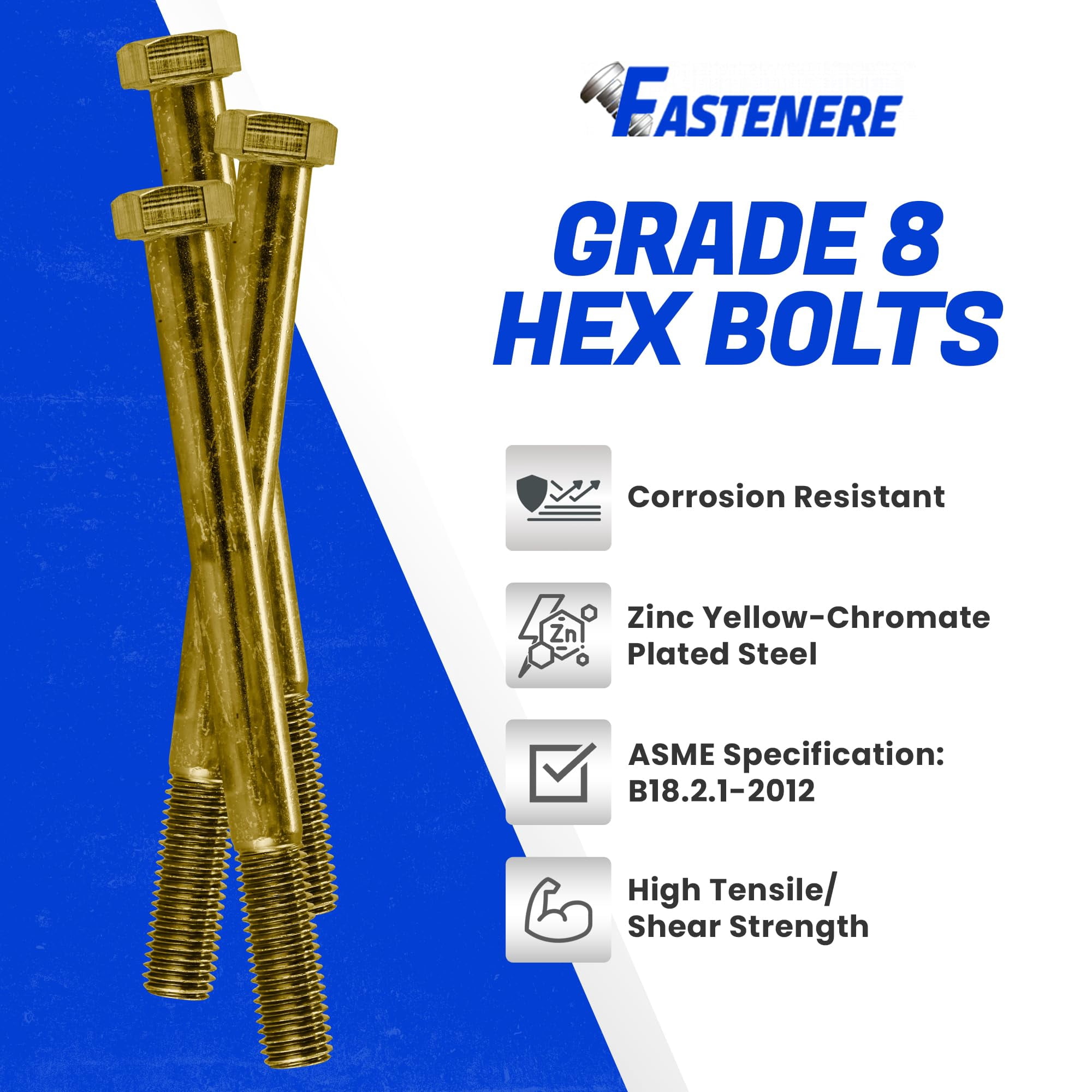 Fastenere 7/16"-14 x 4-1/2" Hex Bolts Grade 8 Zinc Yellow-Chromate Plated Steel, Partial Threaded Durable Hex Bolts for Machinery & Construction, Rust-Resistant, Heavy-Duty Fasteners, Pack of 5