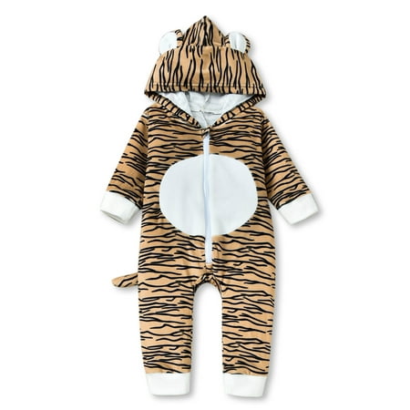 

Canrulo Infant Baby Boy Girls Animal Stripe Romper Autumn Winter Clothes Long Sleeve Zipped Hooded Jumpsuit Brown Tiger 12-18 Months