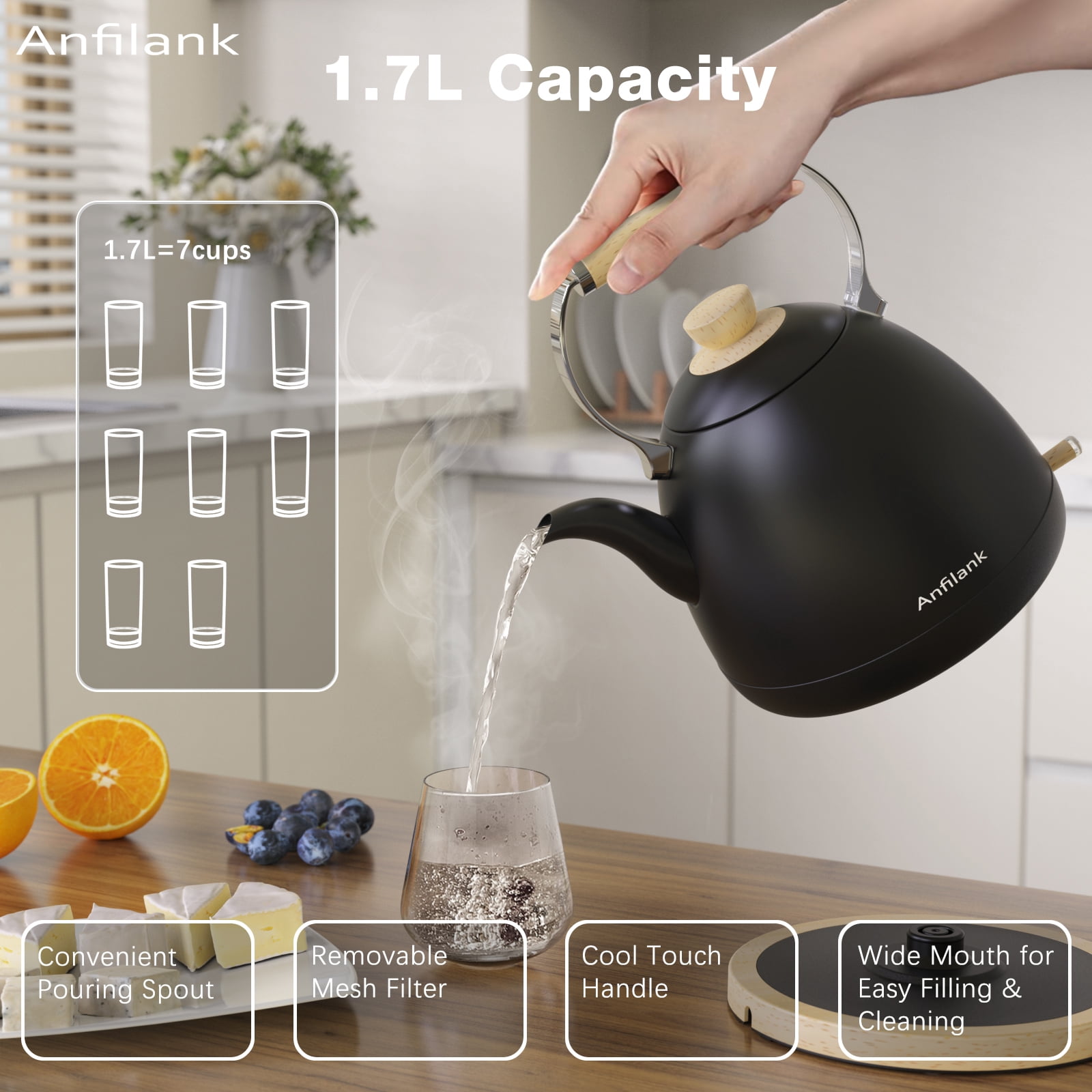 Anfilank Boil Water Electric Kettle, 1.7L 1500W, Coffee & Tea Kettle Stainless Steel, Wood Grain Design, Black