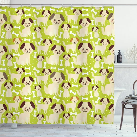 Labrador Shower Curtain, Puppies with Smiling Faces Bones Happy Baby Animals Nursery Cartoon, Fabric Bathroom Set with Hooks, 69W X 84L Inches Extra Long, Yellow Green Beige Brown, by Ambesonne