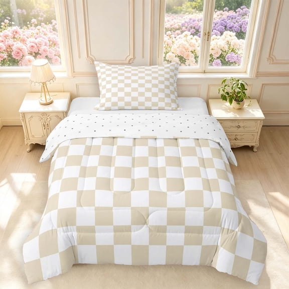 Manfei Minimalist Plaid Twin Comforter Sets,Modern Grid Bedding Set,Beige White,Reversible,2pcs,1 Comforter and 1 Pillowcase,2pcs,1 Comforter and 1 Pillowcase