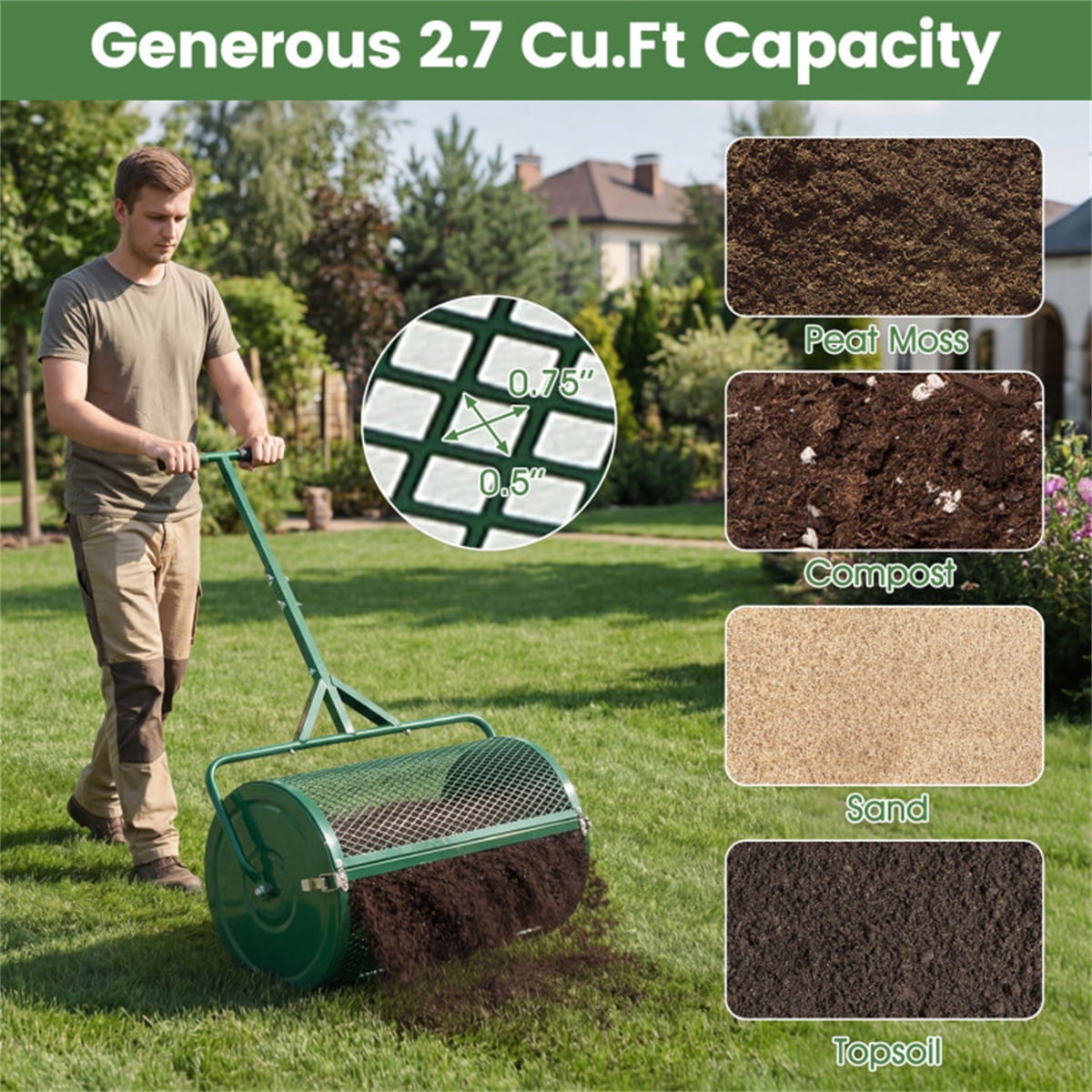 24" Lawn Topdressing Spreader with 0.75"×0.5" Mesh 2.7 Cu.ft Capacity Compost Spreader for Soil Sand Fertilizer Height-Adjustable Handle (Green)