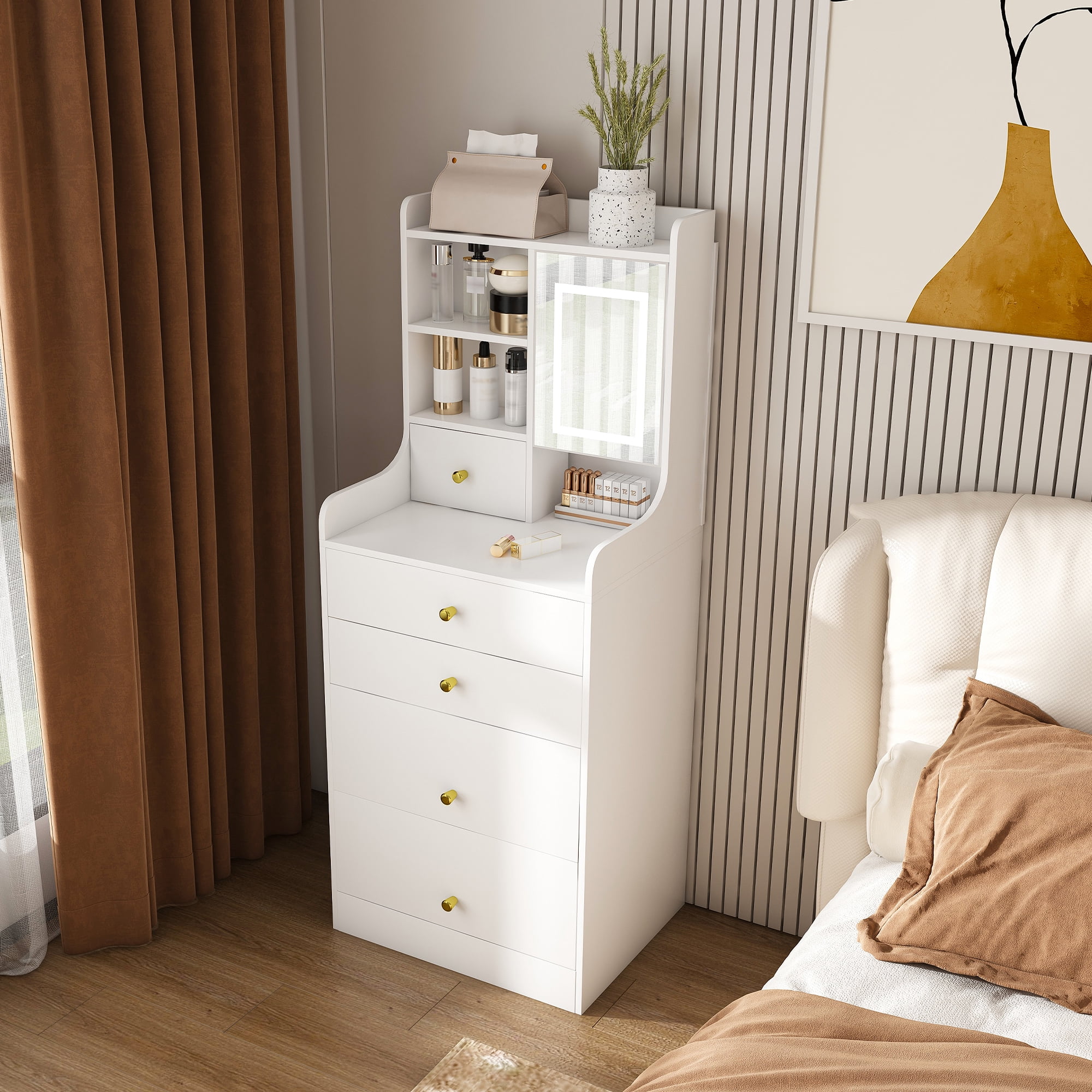 3-in-1 Dressing Table with LED Mirror & Storage Stool, White MDF Makeup Vanity with 4 Drawers and Bookshelf, 19.69 in L x 15.75 in W x 50.39 in H