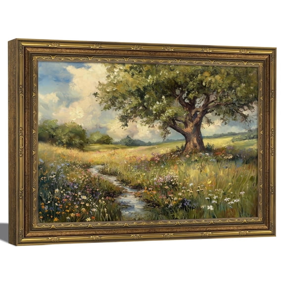 Oak Tree And Floral Meadow Vintage Wall Art Print, Rustic Landscape Home Decor