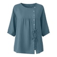 thumbnail image 7 of Mifsaly Vacation Tops for Women Button Down Short Sleeve Linen Shirts with Drawstring Hem Lightweight Flowy Loose Fit Textured Summer Boho Clothes Navy,L, 7 of 7