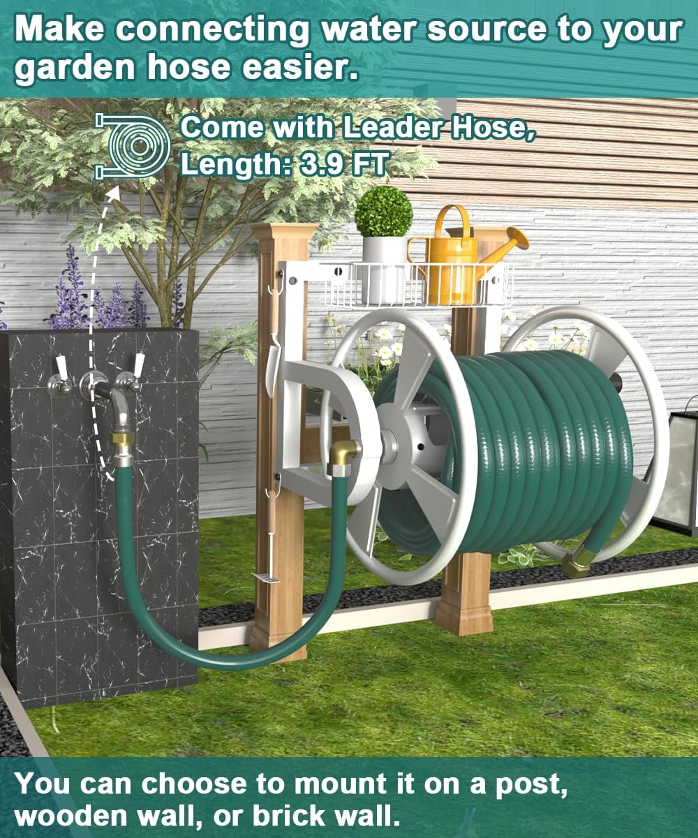 Outdoor Wall Mounted Hose Reel with Hook, Garden Heavy-Duty Water Hose Holder Winder with 3.9 ft Leader Hose, Brass Fitting and Storage Basket for Yard, Holds 125 Ft of 5/8-Inch Hose, White