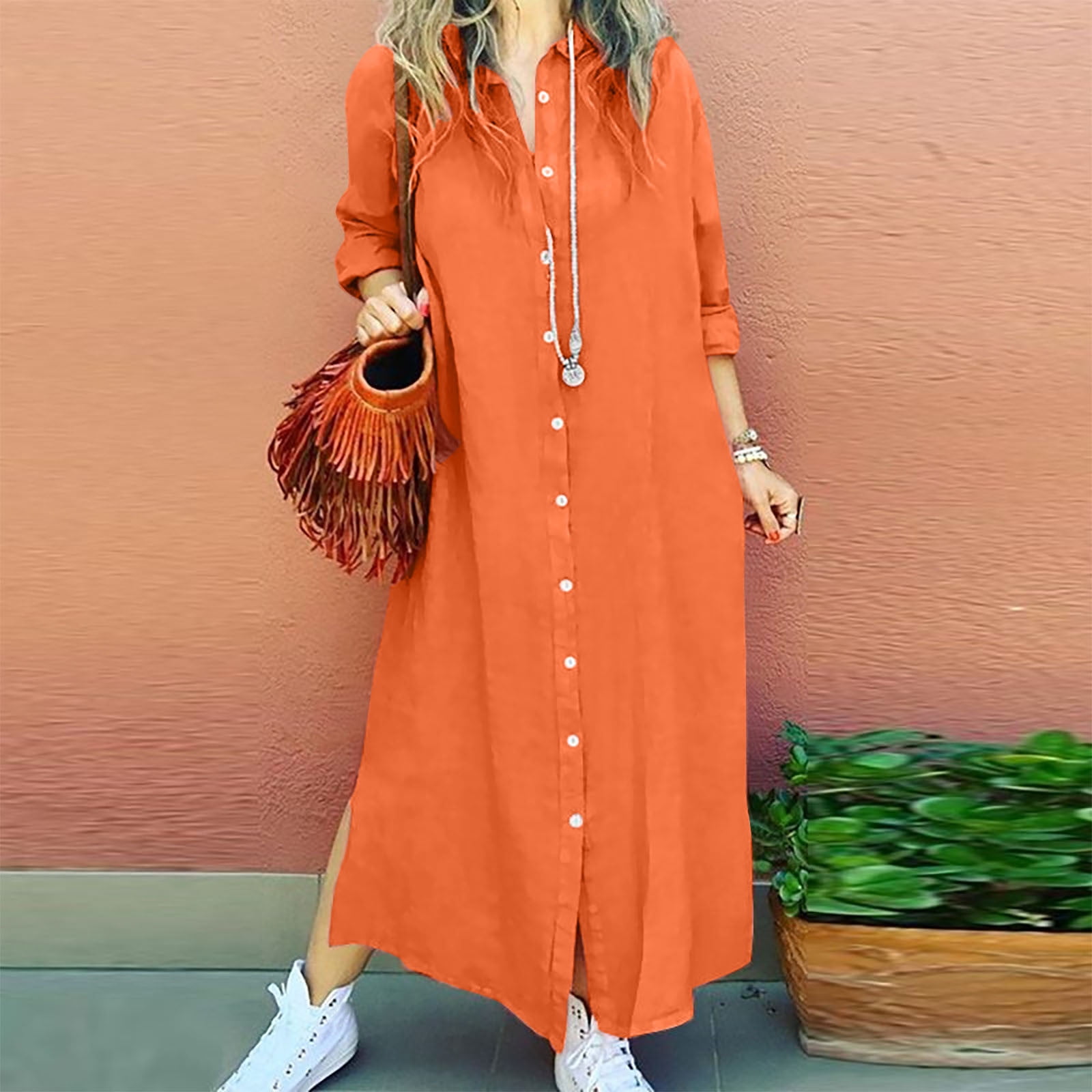 Robe Chemise Boutonnée pour Femmes Col à Revers Manches Longues