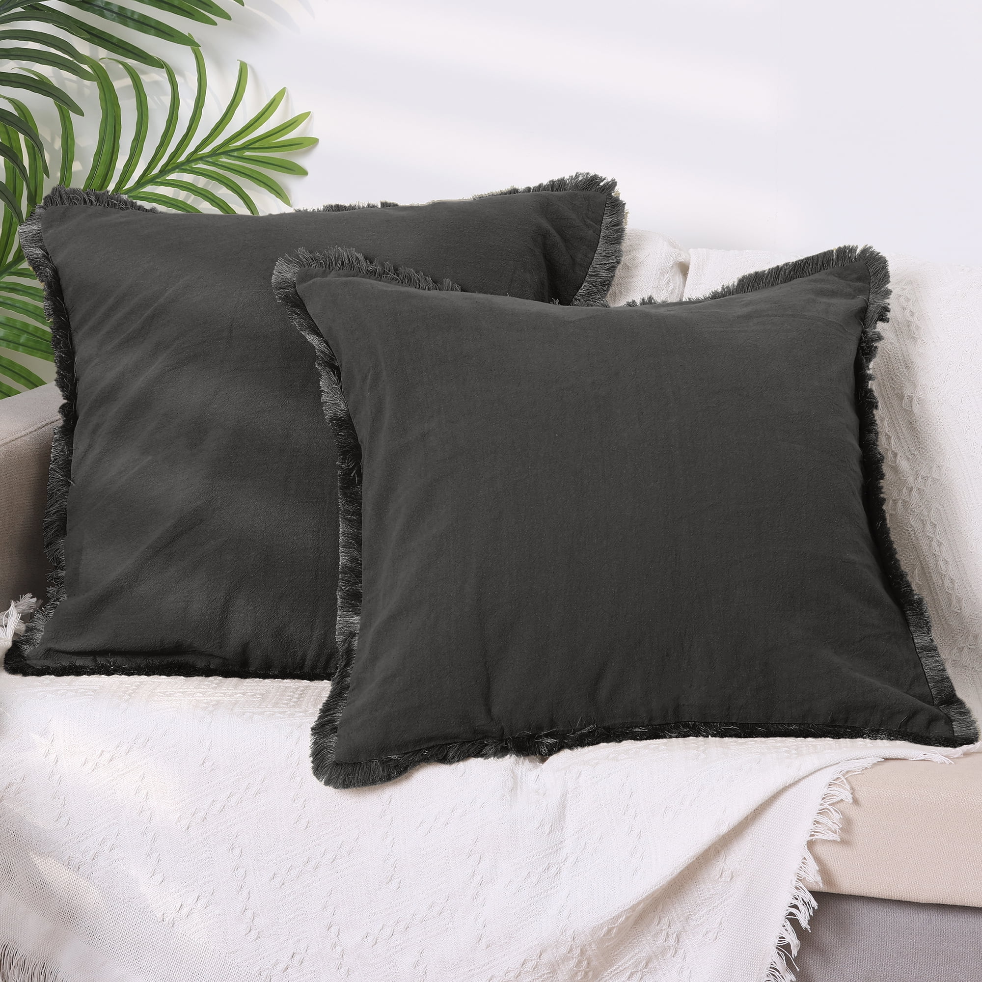 Unique Bargains 2 Pcs Cotton Decorative Throw Pillow Cover with Tassel Trim for Couch Bed Gray 18" x 18"