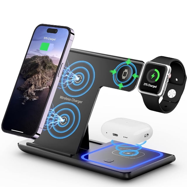 Intexca Chargeur Sans Fil 3-en-1 et Veilleuse pour iPhone, Android, Apple Watch, AirPods