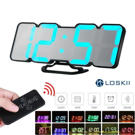 Loskii Large 3D LED Alarm Clock USB Remote Sound Voice Control Thermometer Table Desk Bedside Desktop Wall Time Calendar Date Temperature